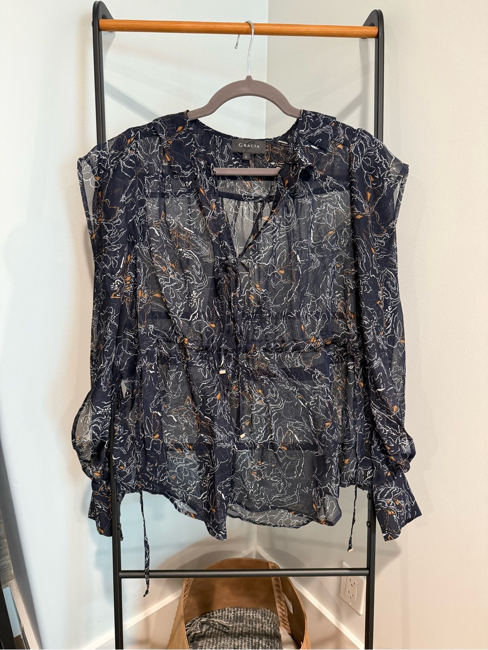 Gracia Navy Sheer Floral Tie-Front Blouse with Gold Accents